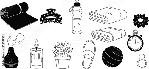 Wellness silhouettes, yoga mat, fitness equipment vector, self-care design, relaxation lifestyle art, mindfulness illustration, health accessory - flat vector illustration