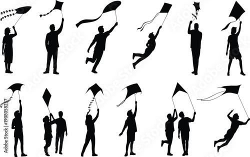 Silhouettes of people flying kites in joyful poses, symbolizing outdoor recreation, leisure activity, wind motion, freedom, celebration, and playful lifestyle.