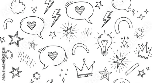 Whimsical doodle symbols, playful decorative vector, abstract shape design, creative pattern illustration, expressive art elements - black and white drawing