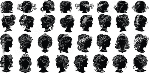 Women hairstyle silhouettes, elegant profile vector, bridal hair design, tiara floral accessories, fashion illustration, ornate hairstyle art - flat vector illustration