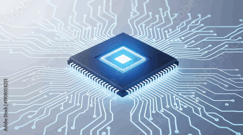 A microchip with a blue light on a circuit board