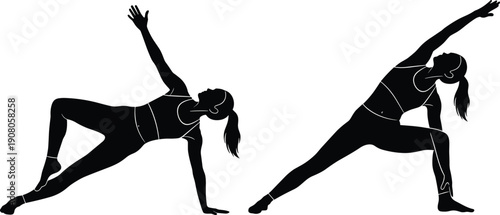 Yoga pose silhouettes, fitness exercise vector, side plank extended angle design, wellness lifestyle art, balance flexibility illustration - flat vector illustration