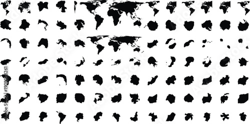 World map silhouettes, continent country island vector, geography design, cartography illustration, global landmass art, educational outline - flat vector illustration