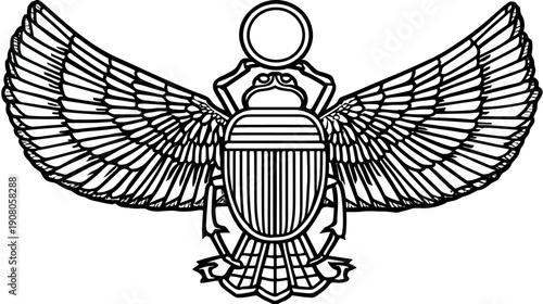 A symmetrical black and white illustration of an insect with wings, symbolic and ornate