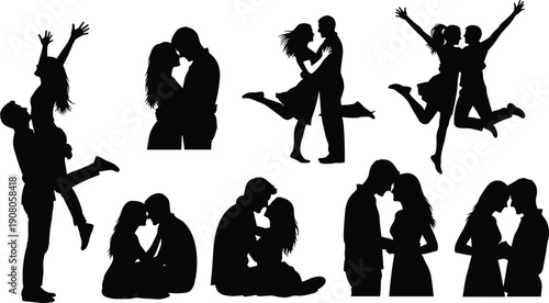 Couple silhouettes, romantic poses, love embrace, kissing figures, emotional connection design, Valentine’s Day vector, relationship art, affection illustration - flat vector illustration