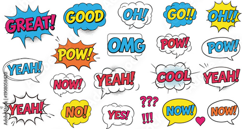 Comic speech bubbles, pop art sound effects, colorful text vector, expressive word design, retro comic illustration, dynamic shape art - flat vector illustration
