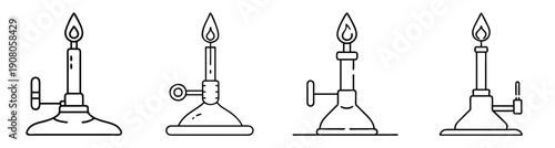 Set of Four Vector Bunsen Burner Lab Icons with Flame and Gas Adjustment in Flat Design Style