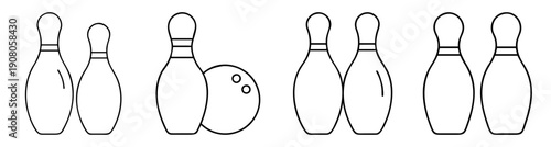 Set of five black and white bowling pins vector icon isolated on transparent background for sports and game design