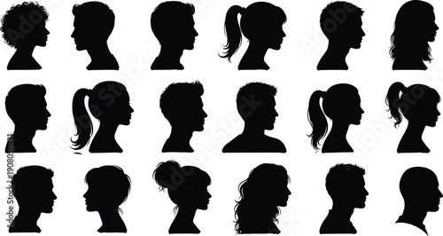 Diverse human head silhouette profiles with various hairstyles, men and women side view icons, identity representation, diversity concept, flat vector illustration