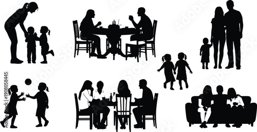 Family interaction silhouettes set, parents children social bonding icons, dining table conversation pictograms, togetherness lifestyle symbols, care relationship elements, flat vector illustration