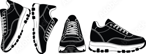 Detailed silhouette illustration of athletic shoes in multiple angles, footwear design concept with stitching laces tread sole fashion sport sneaker icon, flat vector illustration