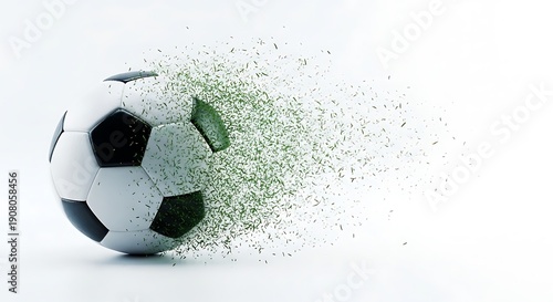 A soccer ball exploding into tiny green particles on white background