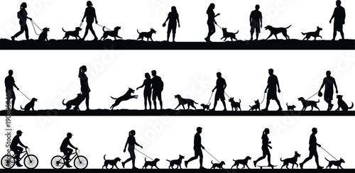 Dog walking silhouettes, people with pets, outdoor activity vector, companionship design, recreational lifestyle art, exercise illustration, pet care - flat vector illustration