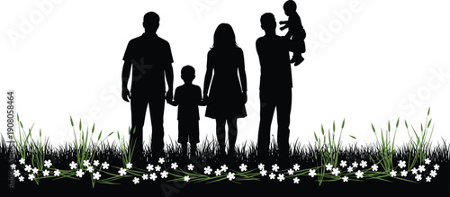 Family silhouettes in nature, parents children unity vector, grassy field design, lifestyle illustration, love care art - flat vector illustration