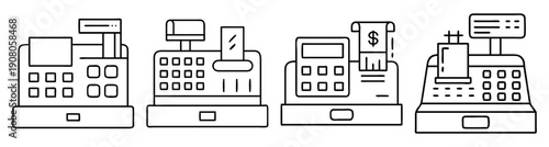 Modern vector icons of cash registers payment checkout systems POS terminals retail technology isolated on white background