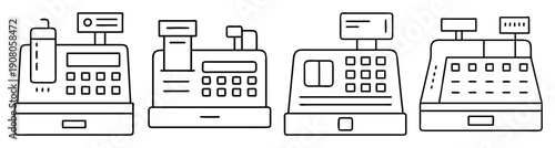 Set of modern cash registers and payment terminals vector icons isolated on white background for retail business