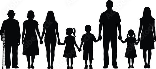 Family silhouettes, multi-generational unity, elderly parent child connection, people holding hands vector, lifestyle design, relationship art - flat vector illustration