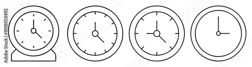 Set of four minimalist vector clock icons isolated on white background for time management design