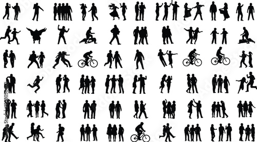 Human interaction silhouette set showing people walking, talking, dancing, hugging, arguing, biking, playing, diverse social activity, flat vector illustration