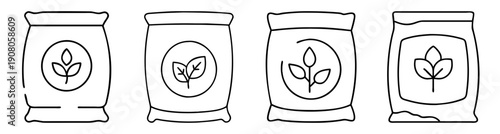 Set of four eco-friendly fertilizer bags vector icons isolated on white background for agriculture and gardening