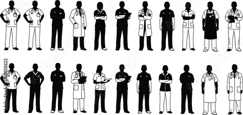 Healthcare professional silhouettes, doctors and nurses vector, medical team illustration, hospital staff design, diverse uniforms, stethoscope, clipboard - flat vector illustration