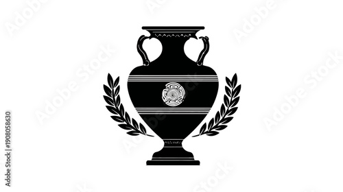 A black silhouette of an ancient Greek vase with laurel wreaths. A classical design element