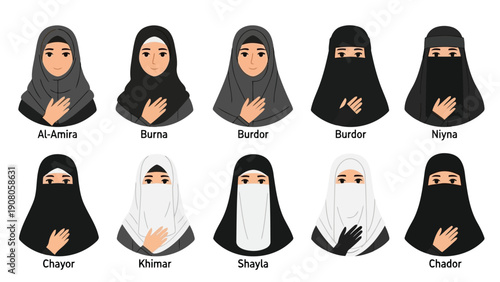 Diverse styles of women wearing hijabs with various headscarf designs and colors