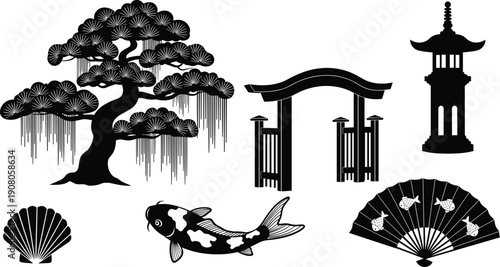 Japanese culture silhouettes, bonsai tree, torii gate, koi fish vector, lantern design, fan art, traditional symbol illustration - flat vector illustration