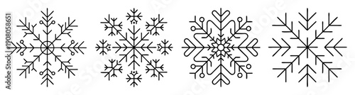 Elegant vector snowflake icons set, winter frost pattern, minimalist line art design, seasonal holiday decoration elements