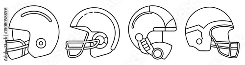 Set of four modern vector football helmets icons in black and white line art style for sports design and safety gear graphics