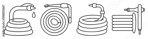 Set of four vector garden hose icons with water flow and spray nozzles isolated on white background