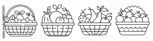 Set of four hand drawn fruit basket vector icons with apples grapes pears and berries isolated on white background