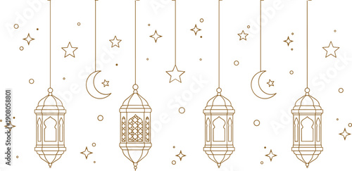 Ramadan lanterns, crescent moon, stars, Islamic festive decoration, Eid celebration, spiritual light, cultural design, symmetrical pattern, line art - flat vector illustration