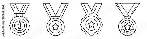 Set of four vector medal icons with stars and laurel wreaths for awards and achievements in black and white