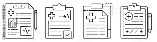 Medical health icons set vector illustration, hospital records clipart, patient care documents, flat design healthcare symbols for apps and websites
