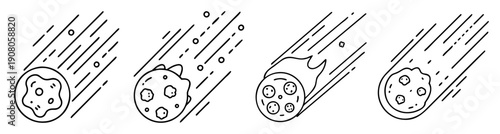 Falling meteors vector icons set with glowing trails and space debris in flat design style for astronomy apps