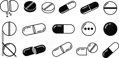 Silhouette icon set of pills and capsules in multiple shapes, medical pharmaceutical drug supplement design concept for healthcare pharmacy illustration, flat vector illustration