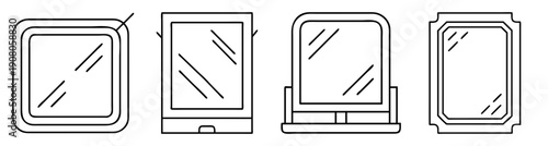 Set of four minimalist vector mirror icons with reflection lines isolated on white background for design and web use