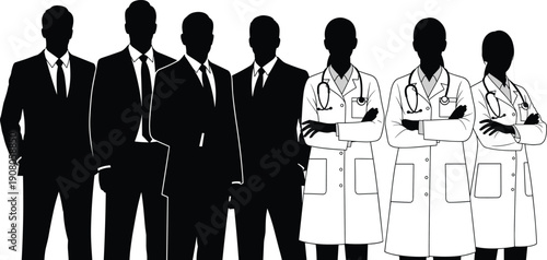 Silhouette illustration of business professionals and medical doctors standing together, career collaboration concept icon for healthcare corporate teamwork, flat vector illustration