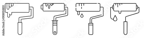 Set of four vector paint roller icons with dripping paint isolated on white background for home renovation and decor