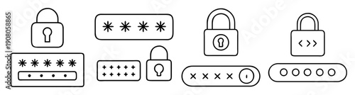 Flat vector security icons set with password lock protection, privacy, cyber safety, and data encryption concepts in minimalist line style