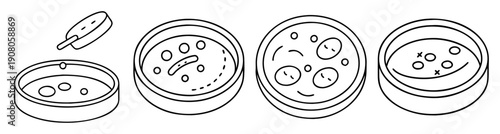 Set of four vector petri dish icons with bacteria and clock isolated on white background for science and medical use