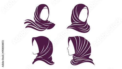 Elegant variations of traditional purple headscarves with intricate designs displayed on mannequin heads