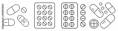 Set of vector medical pill icons in flat design with capsules tablets and blister pack for healthcare pharmacy and treatment concept