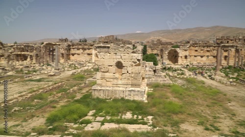 Panning video showcases ruins of an ancient Roman city in Baalbek, Lebanon.