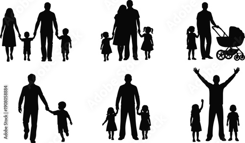 Silhouette illustration of families with children in various poses, parenting unity care relationship icon design concept for lifestyle love, flat vector illustration