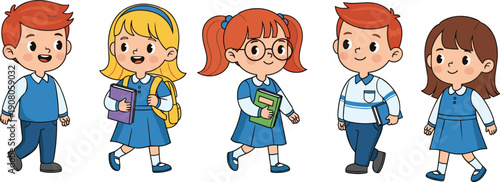 Vector illustration of five cartoon school children in uniforms holding books and backpacks, cheerful educational characters isolated on white background