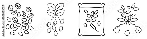 Hand drawn vector seed icons set with sprouting plants in glass jar isolated on white background