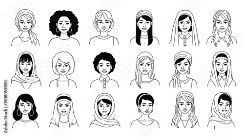 Diverse collection of stylized human profile illustrations in monochrome