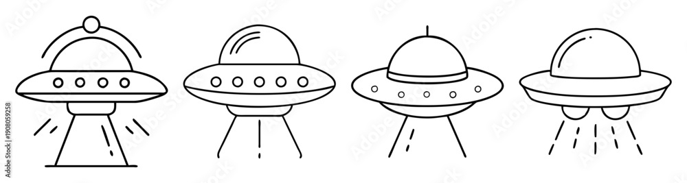 Fototapeta premium Set of four flying UFO vector icons with beams and alien abduction lights isolated on white background